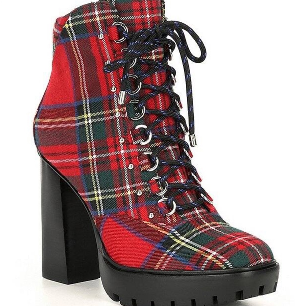 Ambelynn Plaid Heeled Hiker Lug Sole Combat Bootie - Picture 1 of 12